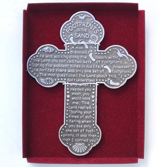 Camco Cross Pewter Footprints in the Sand Boxed Wall Decoration Prayer Christian - Picture 1 of 6